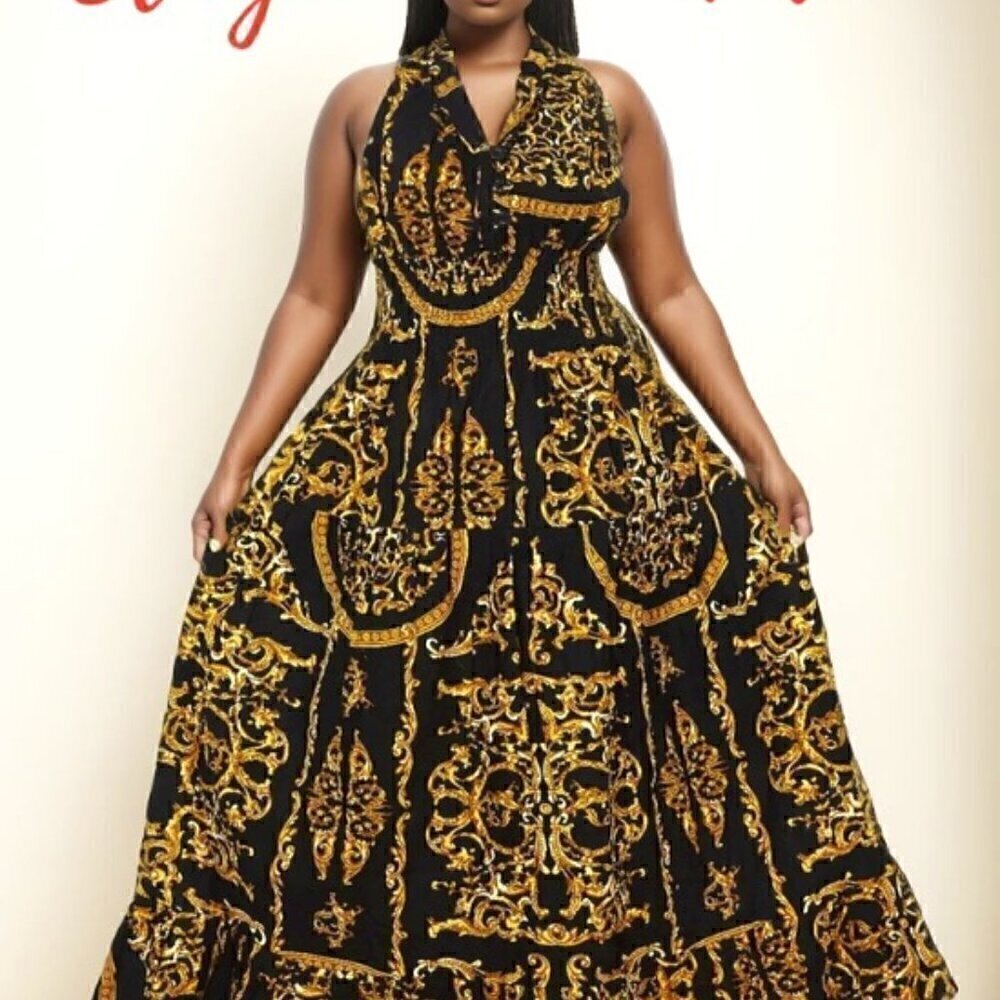 SMOCKED AFRICAN KITENGE PRINT SUN DRESS MAXI SUMMER VACATION